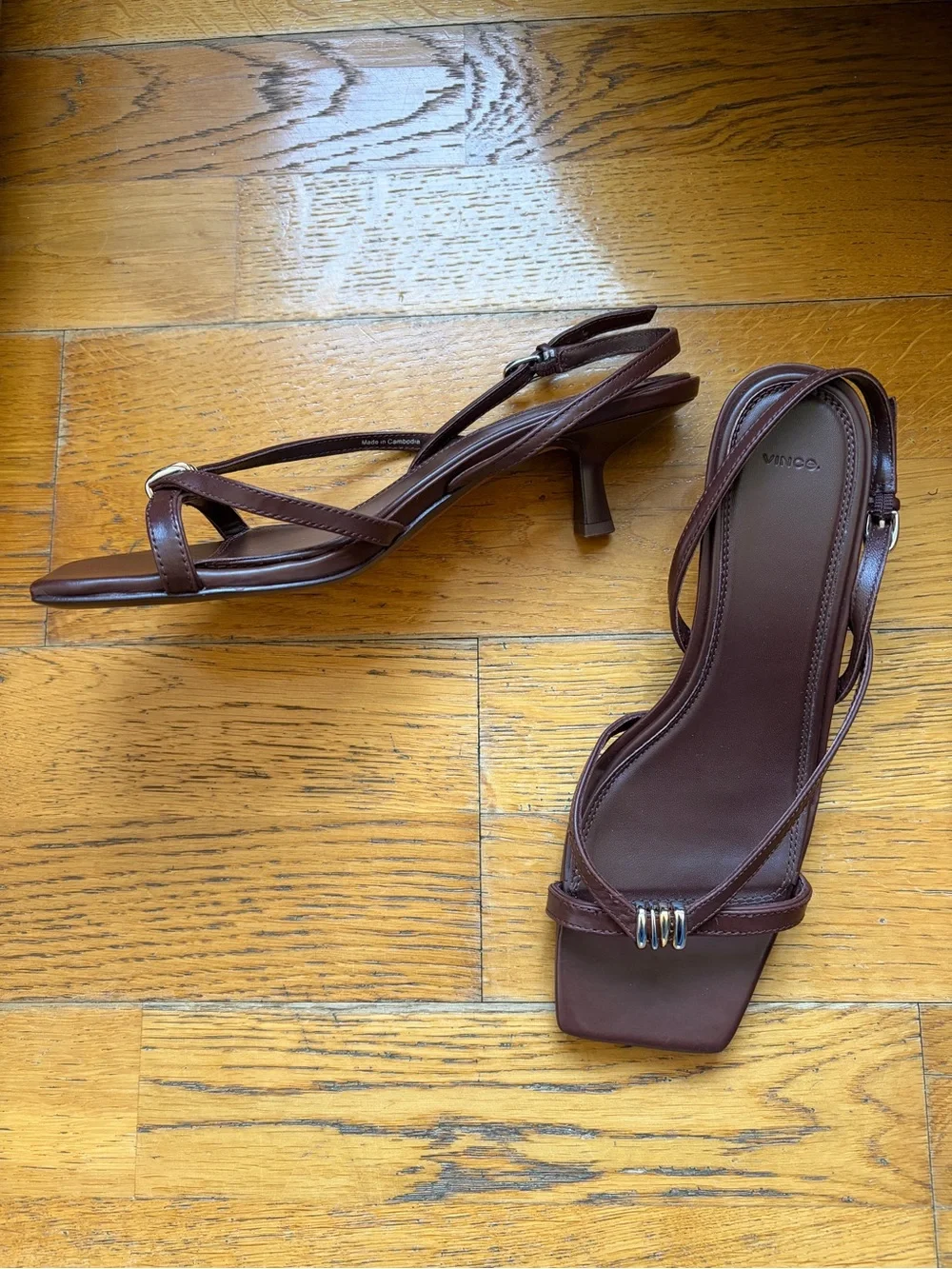 Vince Brown Leather Square-Toe Slingback Kitten Heel Sandals with Gold Accent